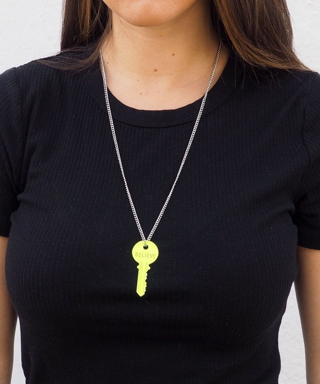 Neon Green Classic Ball Chain Key Necklace, Silver