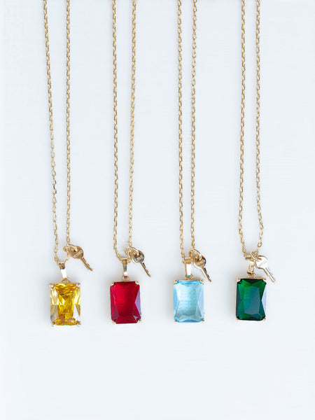 Emerald Cut Gemstone and Mini Key Necklace in Gold – The Giving